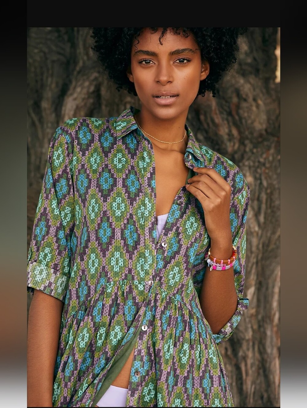 Ro's Garden Deauville Shirt Dress Green Blue Purple Graphic Button Front Midi S